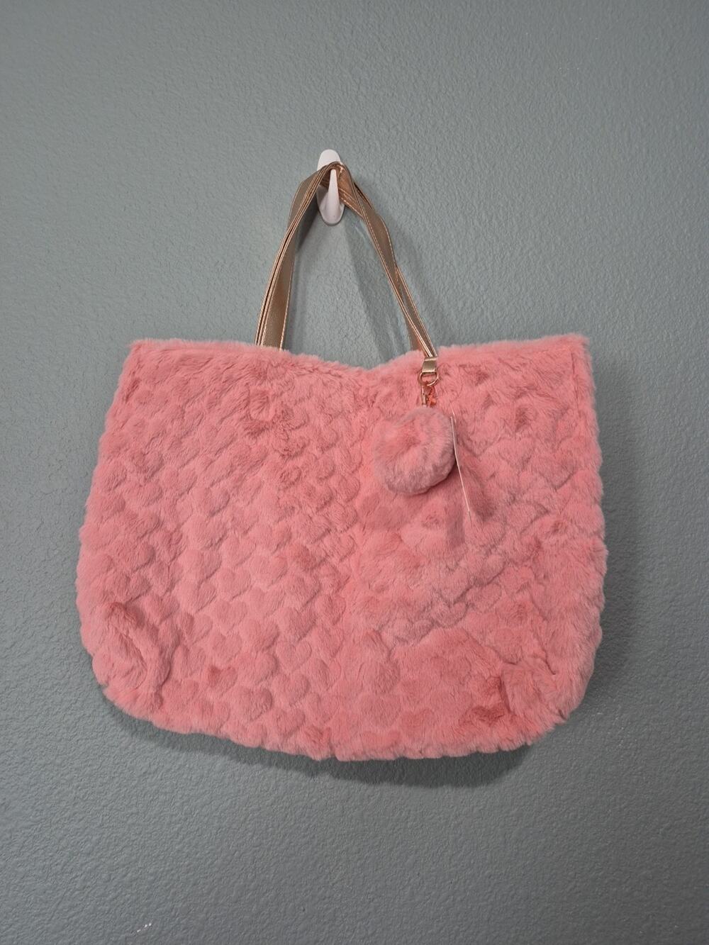 Capelli New York Womens Heart Embossed Faux Fur Pink Gold Straps Tote Bag
